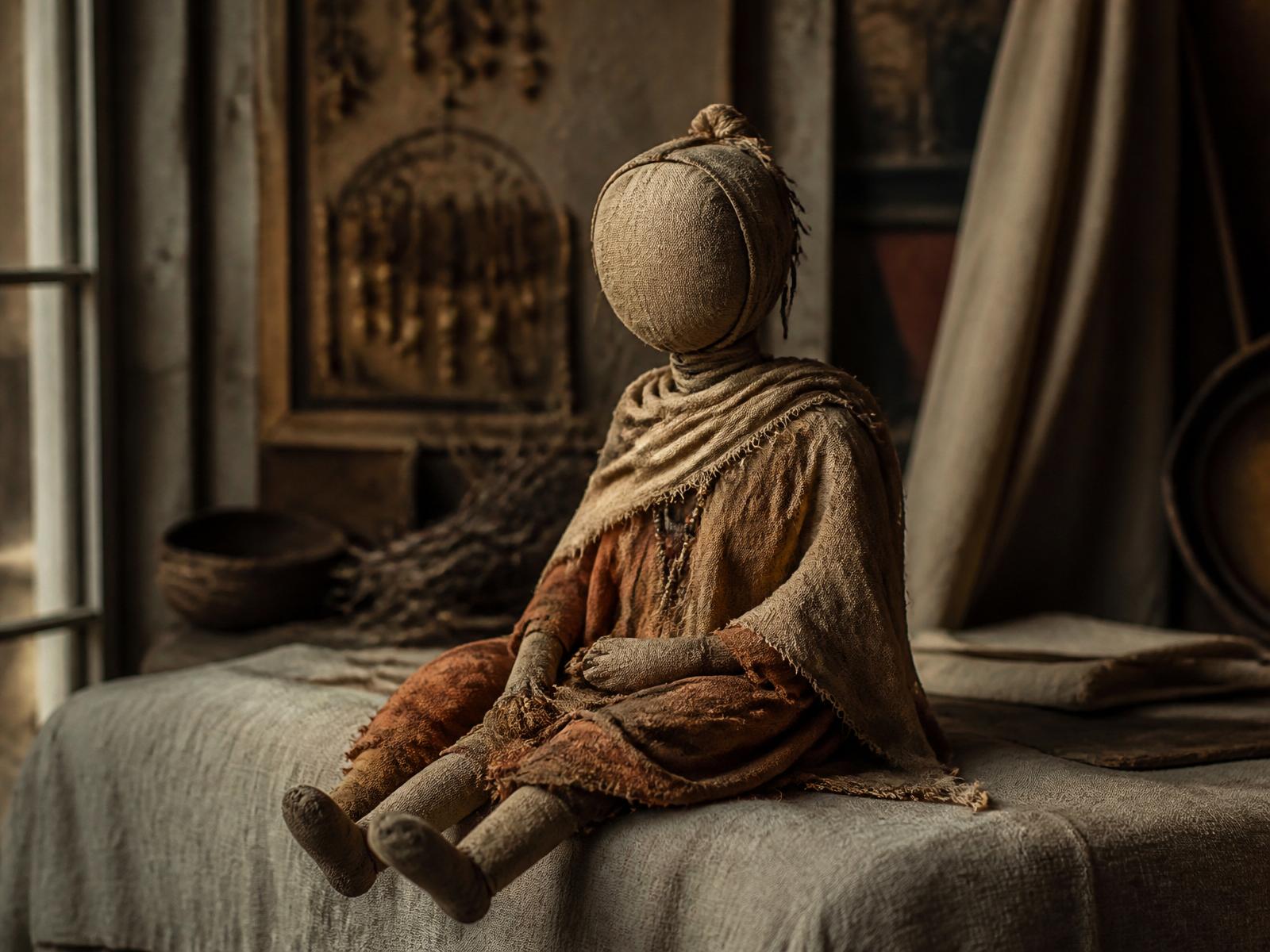 A handmade soft-sculpture doll seated in warm window light in Julie Brannen's Savannah studio
